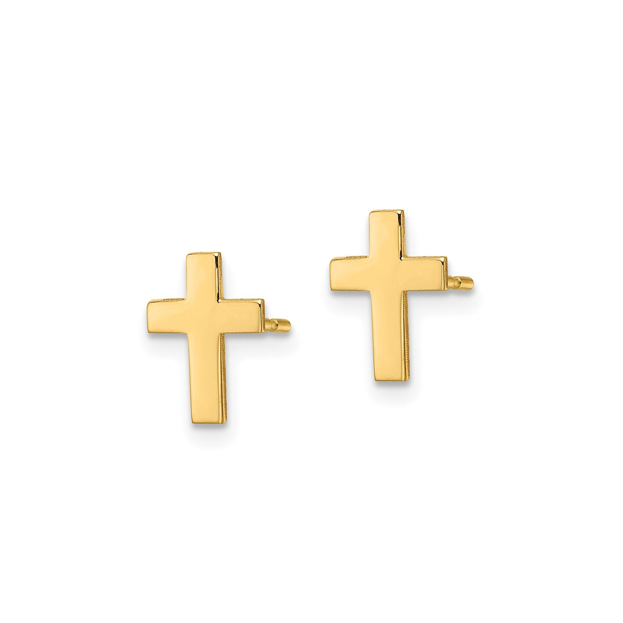 14k Yellow Gold Cross Stud Earrings, Minimalist Polished Religious Design for Women and Men