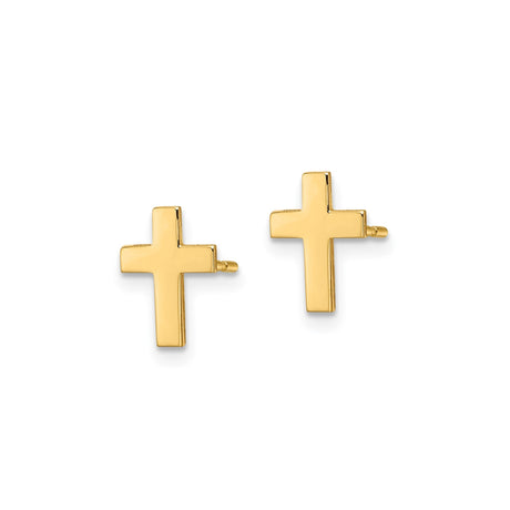 14k Yellow Gold Cross Stud Earrings, Minimalist Polished Religious Design for Women and Men
