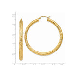 14k Yellow Gold Hoop Earrings, Textured Large Round with Diamond-Cut Finish, Polished Shine