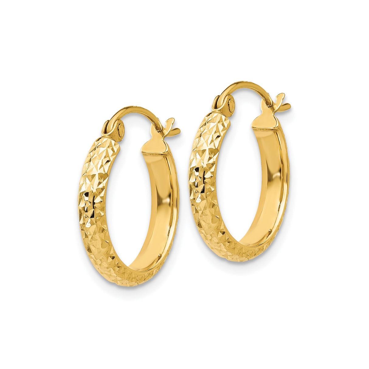 14k Yellow Gold Hoop Earrings with Diamond Cut Textured Finish, Classic Round Style, Latch Back Closure