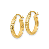 14k Yellow Gold Hoop Earrings with Diamond Cut Textured Finish, Classic Round Style, Latch Back Closure
