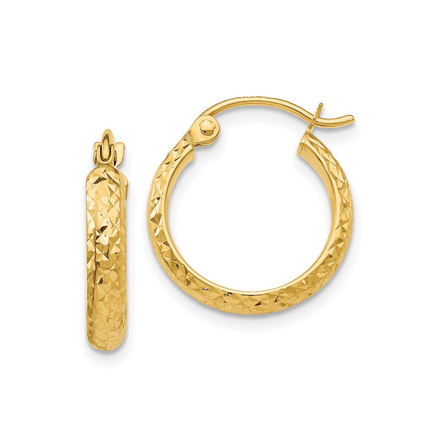 14k Yellow Gold Hoop Earrings with Diamond Cut Textured Finish, Classic Round Style, Latch Back Closure
