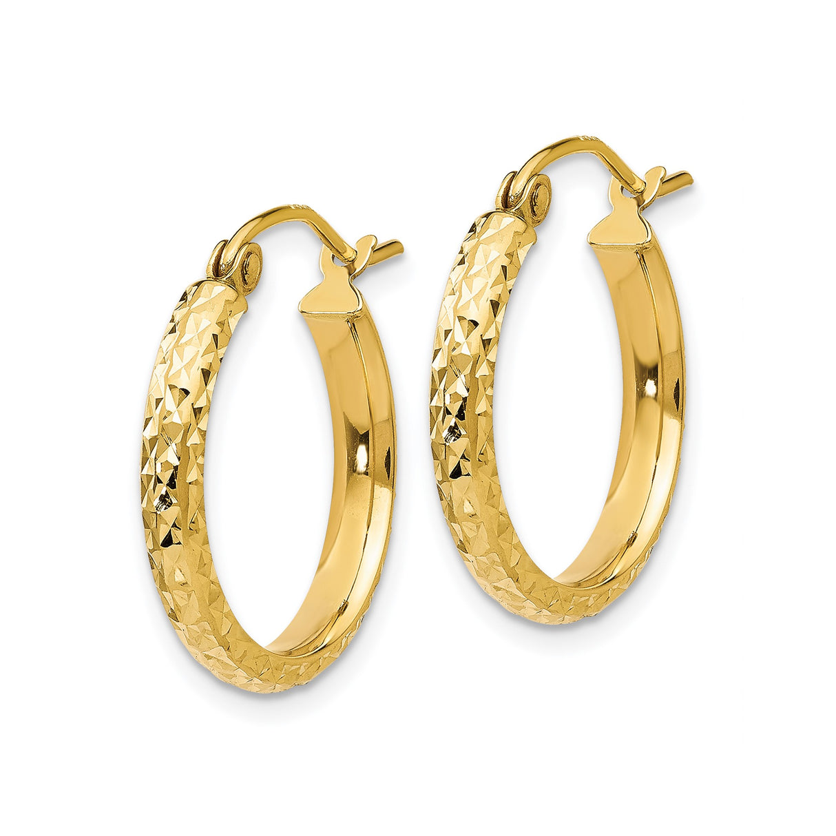 14k Yellow Gold Hoop Earrings, Diamond Cut Texture, High Polish Finish, Hinged Clasp, Lightweight Design