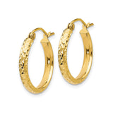 14k Yellow Gold Hoop Earrings, Diamond Cut Texture, High Polish Finish, Hinged Clasp, Lightweight Design