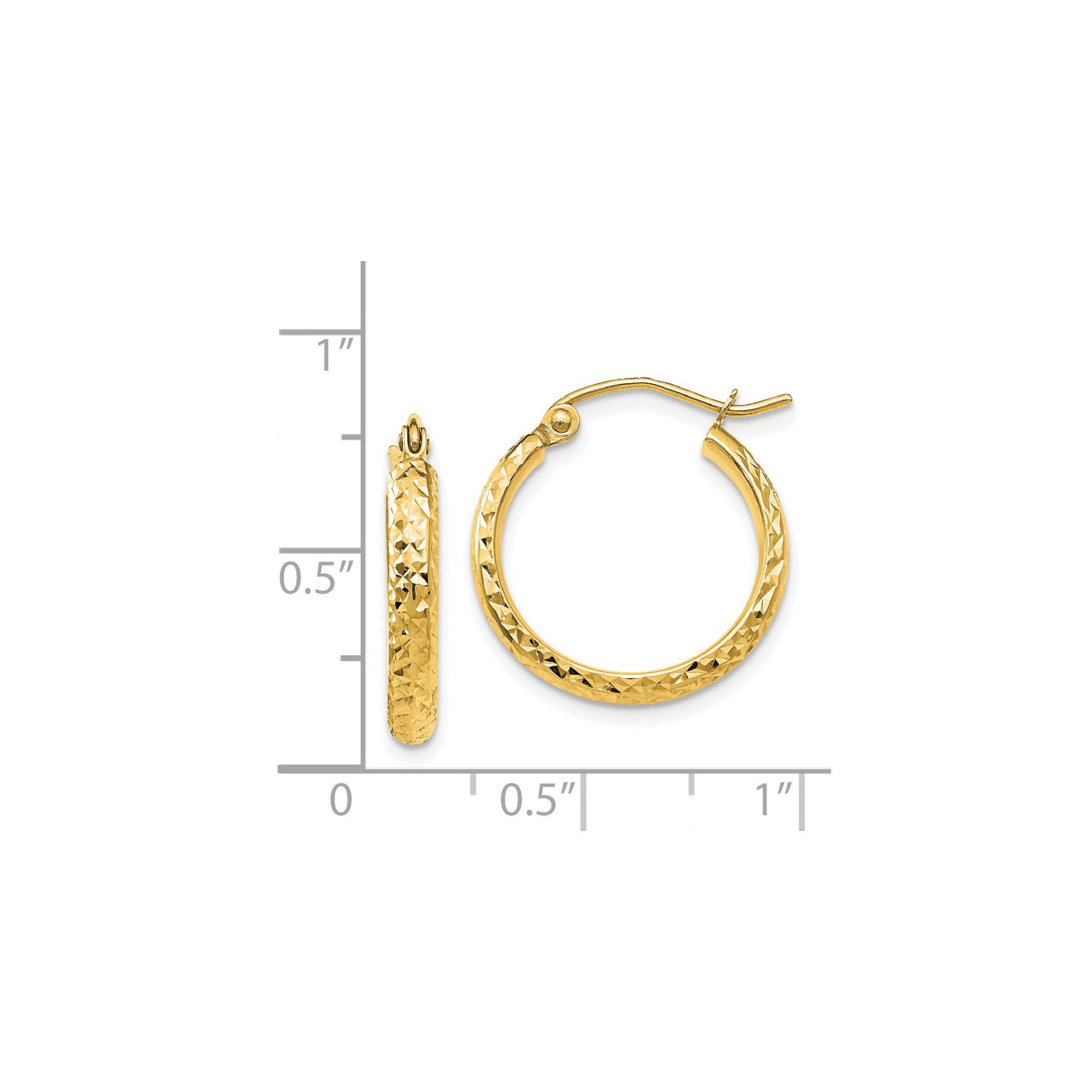 14k Yellow Gold Hoop Earrings, Diamond Cut Texture, High Polish Finish, Hinged Clasp, Lightweight Design