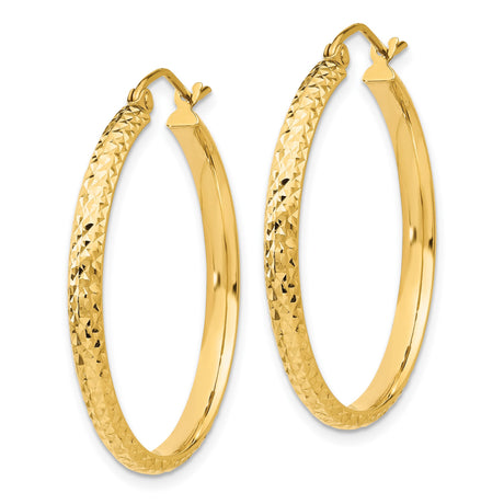 14k Yellow Gold Hoop Earrings, Diamond Cut Textured Finish with Polished Faceted Surface