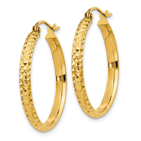 14k Yellow Gold Hoop Earrings, Diamond-Cut with Textured Finish and Polished Look for Women
