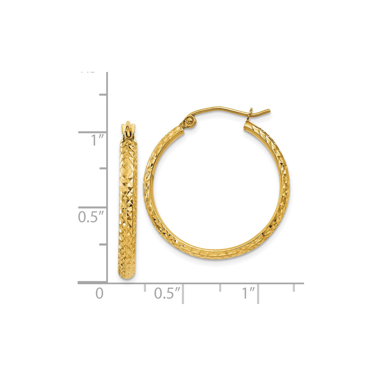 14k Yellow Gold Hoop Earrings, Diamond-Cut with Textured Finish and Polished Look for Women
