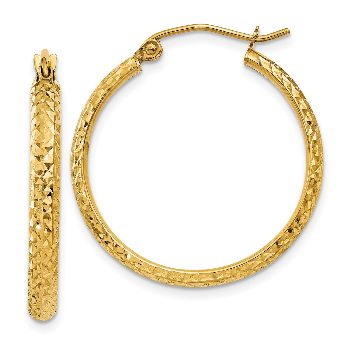 14k Yellow Gold Hoop Earrings, Diamond-Cut with Textured Finish and Polished Look for Women