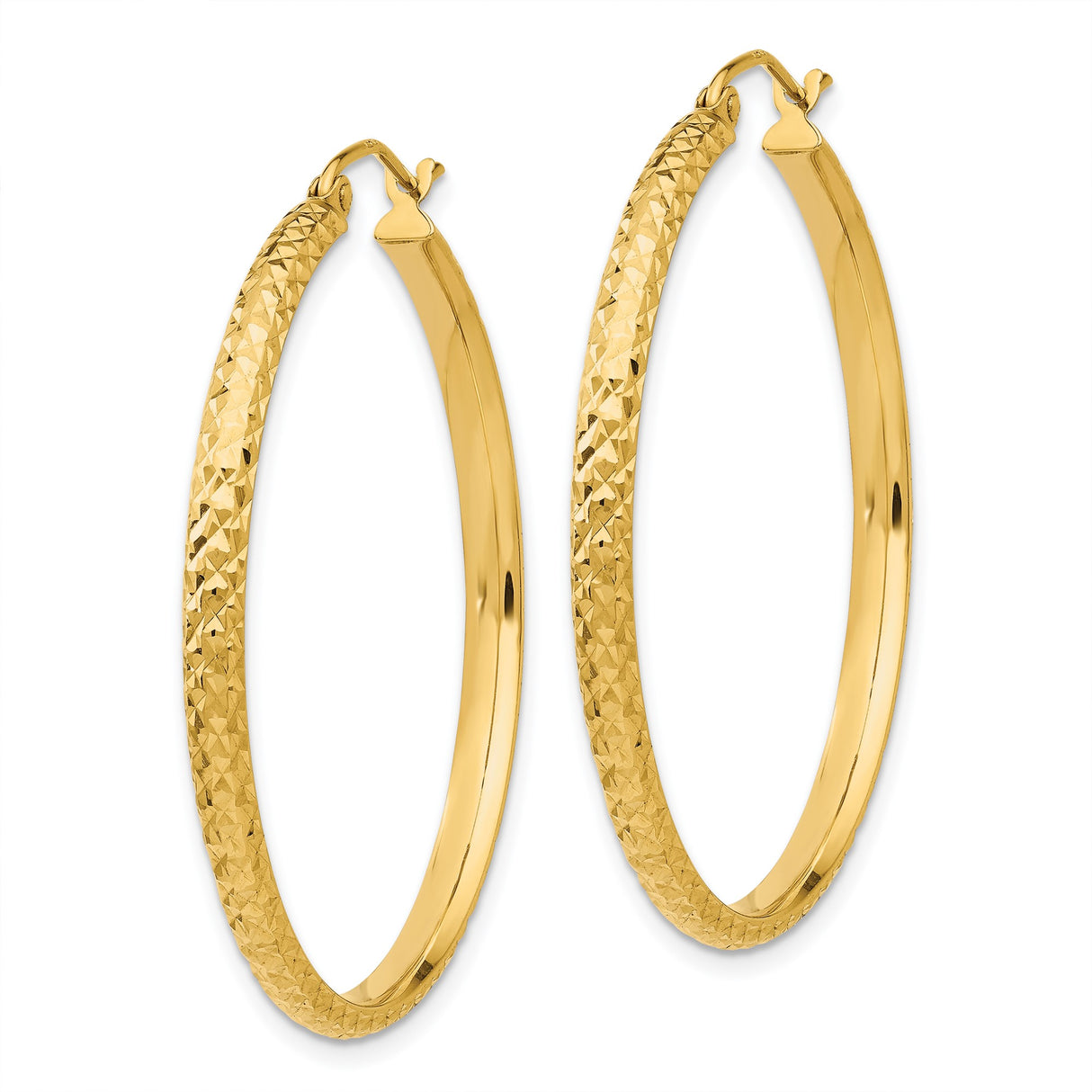 14k Yellow Gold Hoop Earrings, Textured Diamond Cut Design, Polished Finish, Lightweight for Women