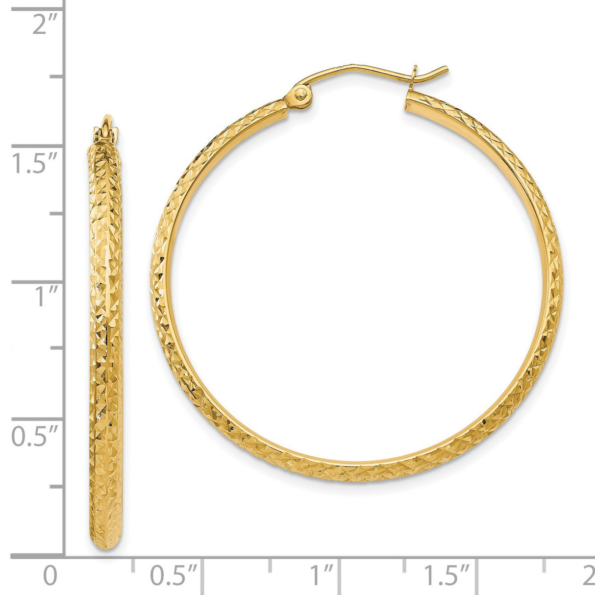 14k Yellow Gold Hoop Earrings, Textured Diamond Cut Design, Polished Finish, Lightweight for Women