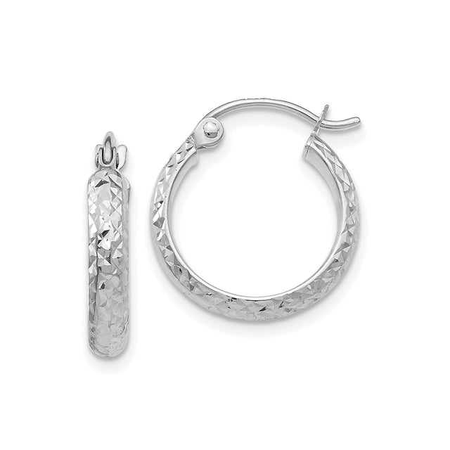 14k White Gold Hoop Earrings, Diamond Cut Textured Round Latch Back Lightweight Design