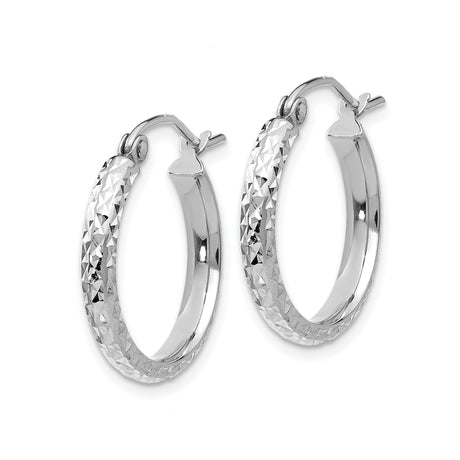 14k White Gold Hoop Earrings, Diamond Cut Textured Finish, Lightweight High Polish Shine