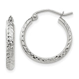 14k White Gold Hoop Earrings, Diamond Cut Textured Finish, Lightweight High Polish Shine