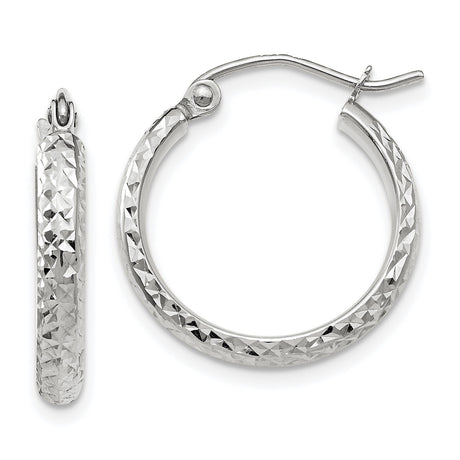 14k White Gold Hoop Earrings, Diamond Cut Textured Finish, Lightweight High Polish Shine