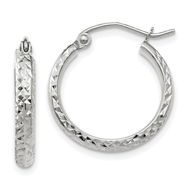 14k White Gold Hoop Earrings, Diamond Cut Textured Finish, Lightweight High Polish Shine