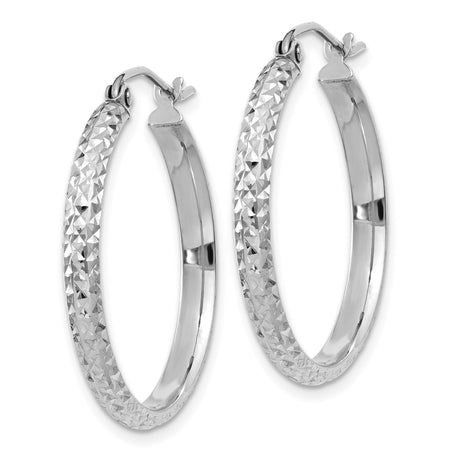 14k White Gold Hoop Earrings, Diamond Cut Textured Finish, Latch Back Closure