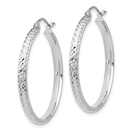 14k White Gold Hoop Earrings, Diamond Cut Textured Design, Polished Classic Style