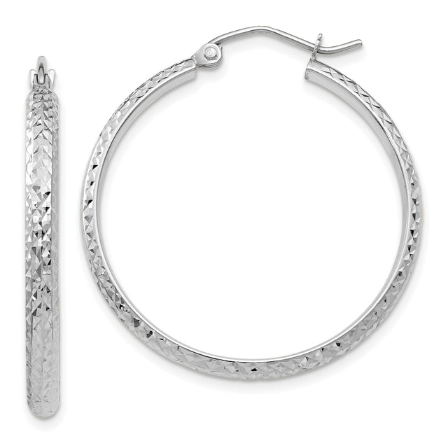 14k White Gold Hoop Earrings, Diamond Cut Textured Design, Polished Classic Style