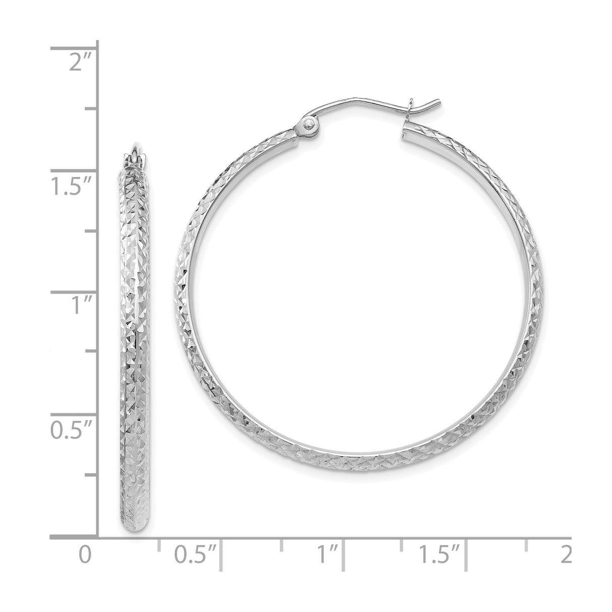 14k White Gold Hoop Earrings, Diamond Cut Textured Round Design, Latch Back Closure for Women