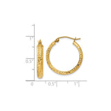 14k Yellow Gold Hoop Earrings, Diamond Cut Textured Finish, Classic Round Design
