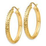 14k Yellow Gold Hoop Earrings, Diamond Cut Textured Round Design with Polished Finish