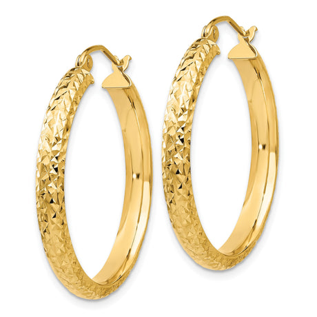 14k Yellow Gold Hoop Earrings, Diamond Cut Textured Round Design with Polished Finish