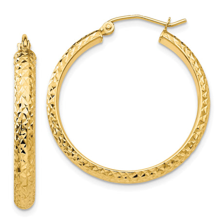 14k Yellow Gold Hoop Earrings, Diamond Cut Textured Round Design with Polished Finish