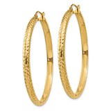 14k Yellow Gold Hoop Earrings, Diamond Cut Textured Round Design, High Polish Finish