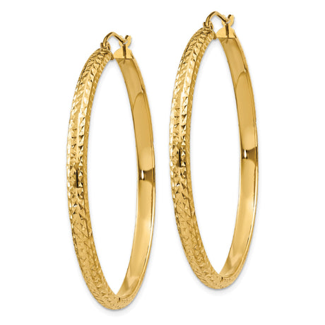 14k Yellow Gold Hoop Earrings, Diamond Cut Textured Round Design, High Polish Finish
