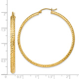 14k Yellow Gold Hoop Earrings, Diamond Cut Textured Round Design, High Polish Finish