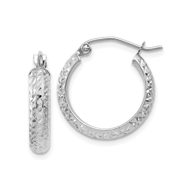 14k White Gold Hoop Earrings, Diamond Cut Textured Finish, Hinged Clasp, Lightweight Classic Style
