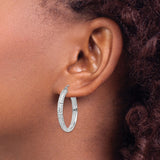 14k White Gold Hoop Earrings, Diamond-Cut Textured Finish with High Polish Detail