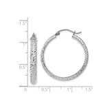 14k White Gold Hoop Earrings, Diamond-Cut Textured Finish with High Polish Detail