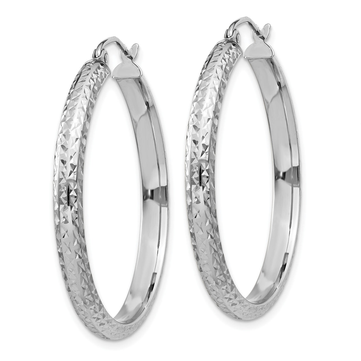 14k White Gold Hoop Earrings with Diamond Cut Textured Finish, Lightweight and Polished Design for Women