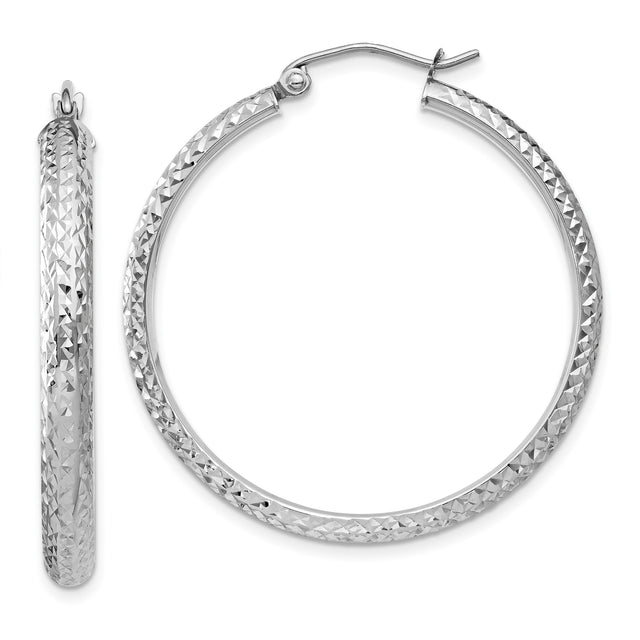 14k White Gold Hoop Earrings with Diamond Cut Textured Finish, Lightweight and Polished Design for Women