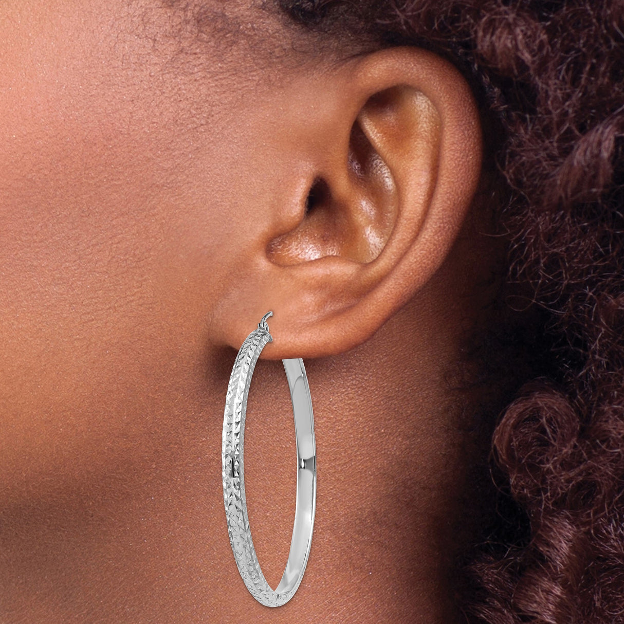 14k White Gold Hoop Earrings, Diamond Cut Textured Design, Lightweight Polished Finish