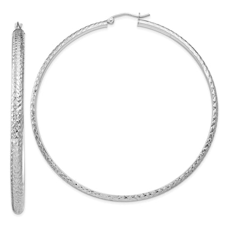 14k White Gold Hoop Earrings, Large Diamond Cut Textured Finish, Lightweight Jewelry