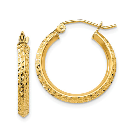 14k Yellow Gold Hoop Earrings, Medium Size with Diamond Cut Textured Finish, Classic Style for Women