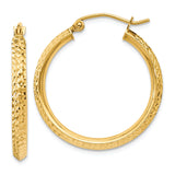 14k Yellow Gold Hoop Earrings, Diamond Cut Textured Finish, Lightweight Polished Jewelry for Women