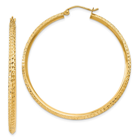 14k Yellow Gold Hoop Earrings, Textured Diamond Cut Lightweight Classic Design for Women