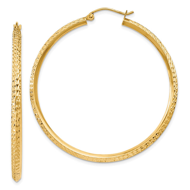 14k Yellow Gold Hoop Earrings, Textured Diamond Cut Lightweight Classic Design for Women