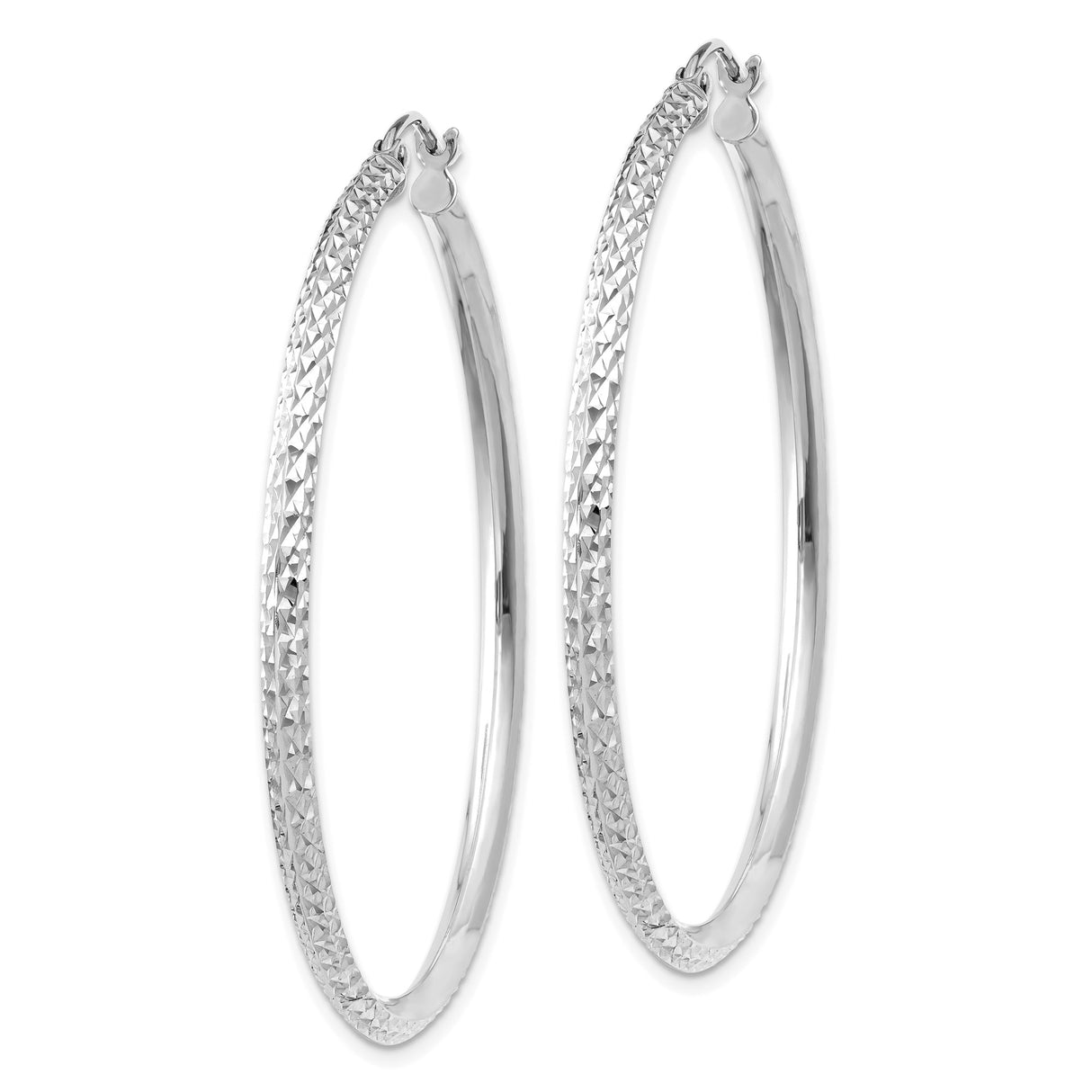 14k White Gold Hoop Earrings with Diamond Cut Textured Design, Polished Modern Style