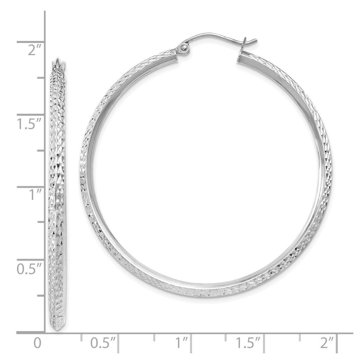 14k White Gold Hoop Earrings with Diamond Cut Textured Design, Polished Modern Style