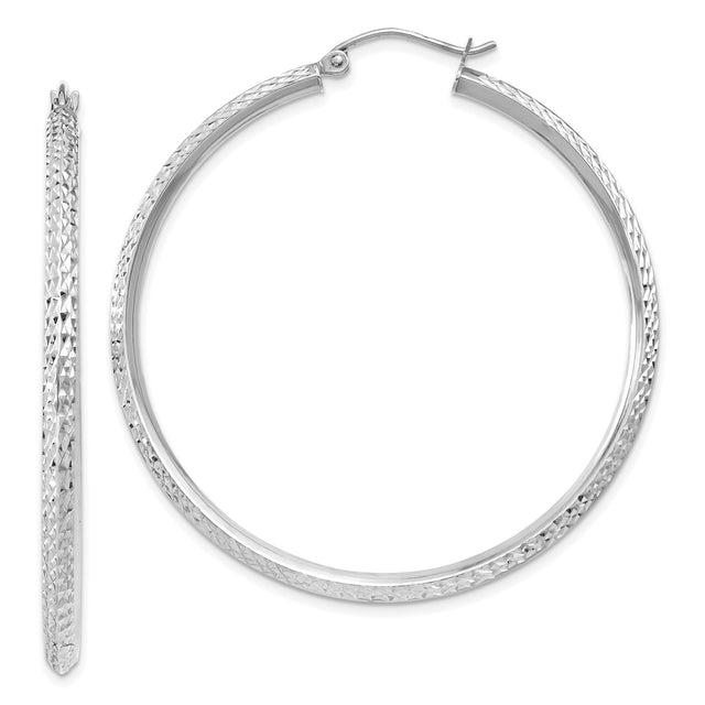14k White Gold Hoop Earrings with Diamond Cut Textured Design, Polished Modern Style