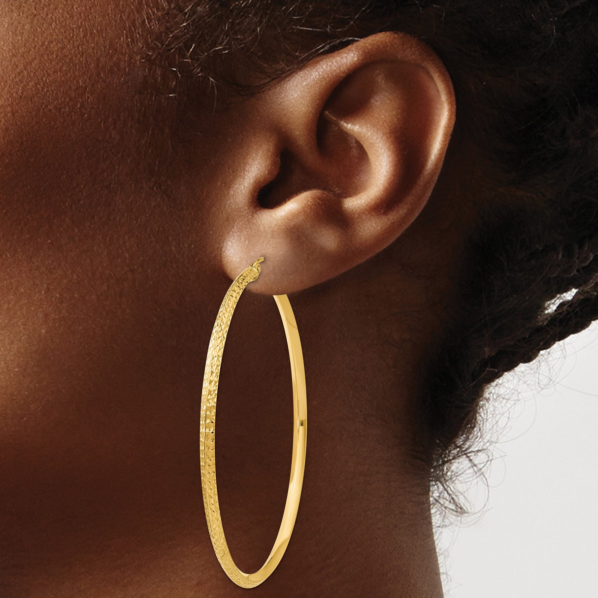 14k Yellow Gold Hoop Earrings, Large Lightweight Textured Diamond Cut Design for Women