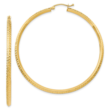 14k Yellow Gold Hoop Earrings, Large Lightweight Textured Diamond Cut Design for Women