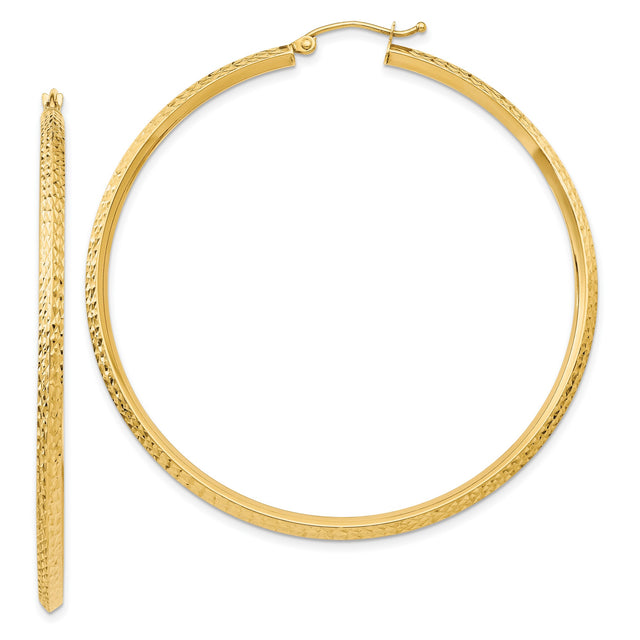 14k Yellow Gold Hoop Earrings, Large Lightweight Textured Diamond Cut Design for Women