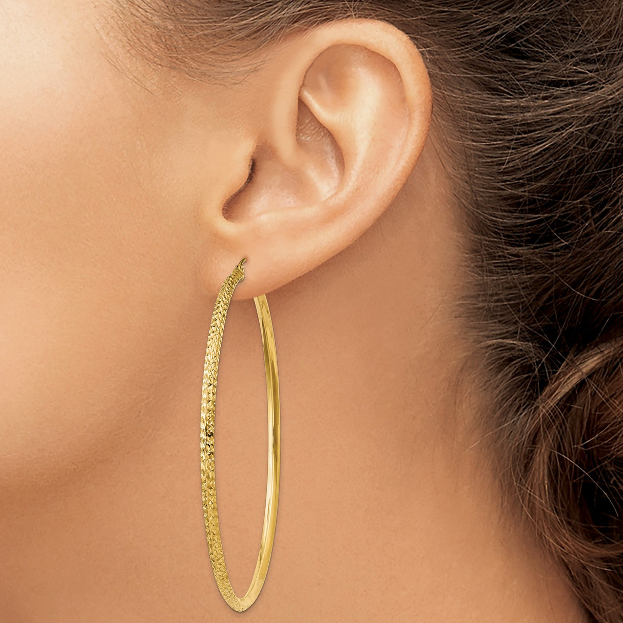 14k Yellow Gold Hoop Earrings, Diamond Cut Textured Design, Polished Finish, Lightweight Fashion Jewelry