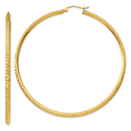 14k Yellow Gold Hoop Earrings, Diamond Cut Textured Design, Polished Finish, Lightweight Fashion Jewelry